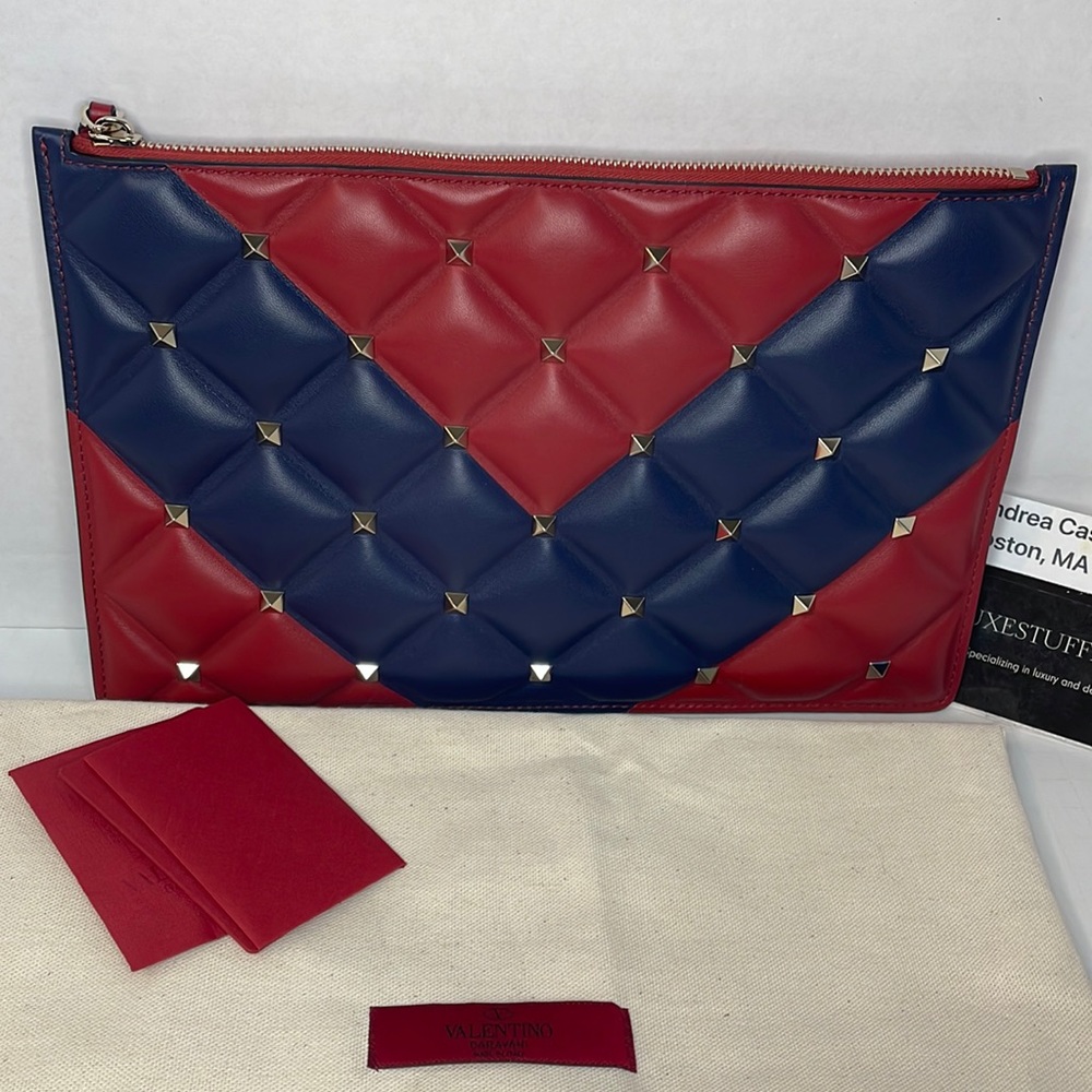 Authentic Valentino Garavani rock stud red  blue leather clutch cards dust cover